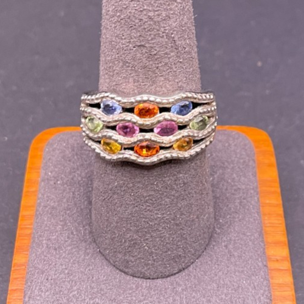 STS Signed 925 Sterling Silver Multi Gemstone Wave Band Ring Size 9